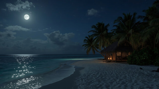 Beach islands with a moonlit beach hut under a full moon's glow, perfect for a tropical vacation or nature-themed designs. - Powered by Adobe