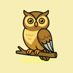 Obraz premium Cute Cartoon Owl – Brown Bird with Big Yellow Eyes Perched on Branch for Kids, Stickers, Animal Designs, and Educational Projects