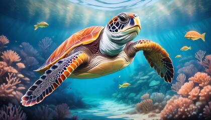 Fototapeta premium A vibrant illustration of a sea turtle gracefully swimming underwater among coral reefs and schools of fish, showcasing the beauty of marine life.