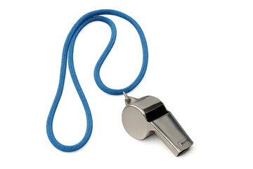 Silver referee whistle hanging from blue lanyard, professional equipment for coaching and sports officiating on clear background