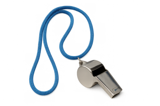 Silver referee whistle hanging from blue lanyard, professional equipment for coaching and sports officiating on clear background