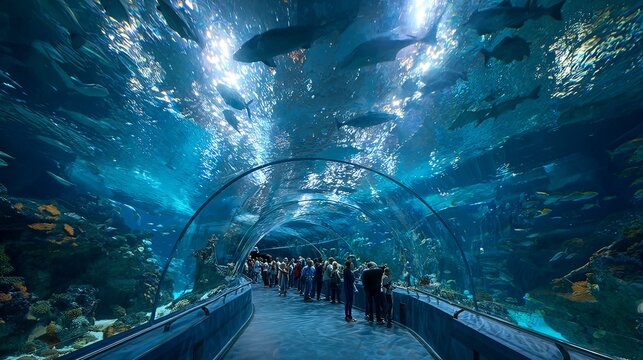 large underwater aquarium tunnel, people watching marine life swimming overhead, vivid blue lighting 
