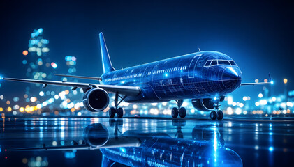 Digitalization in Aviation - Futuristic Aircraft with Technology Overlay on a Night Tarmac