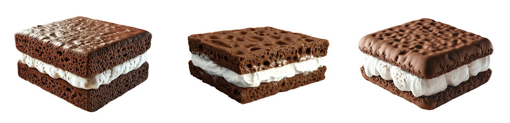 Set of various 3D rendering of a square slice of ice cream sandwich isolated on transparent background