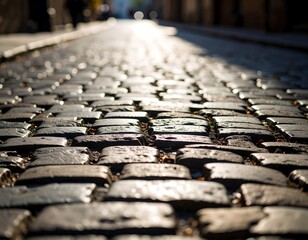 Moody view of wet cobblestone street illuminated by a single vintage lamp after rain