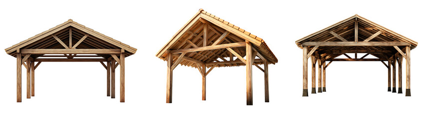 Set of various wooden sunshade roof isolated on transparent background