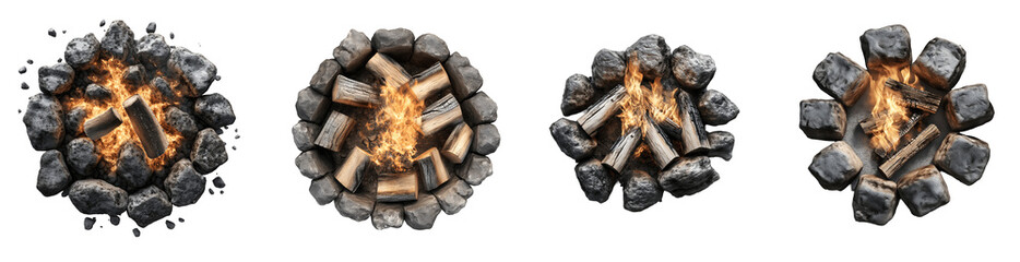 Set of various Top down, front view of a prehistoric campfire isolated on transparent background