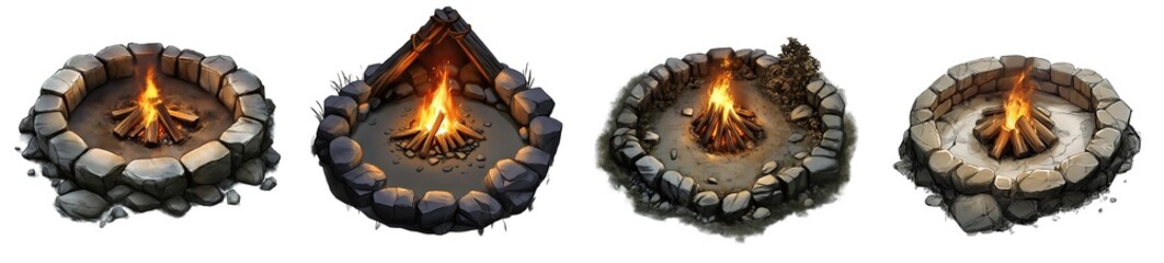 Set of various Bonfire inside a ring of stones isolated on transparent background