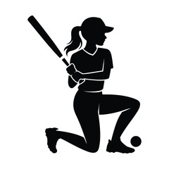 Silhouette of a young woman kneeling ready to bat a baseball or softball in a game