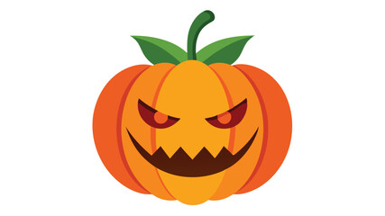 A scary orange pumpkin with leaves and a carved face isolated on white background