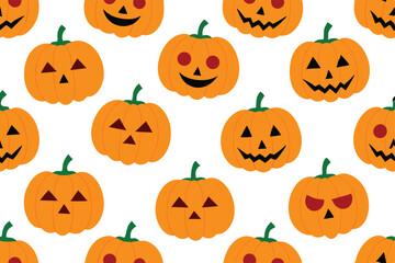 Seamless pattern of cute jackolantern pumpkins on white background