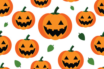 Seamless pattern of smiling jackolantern pumpkins and leaves on white background