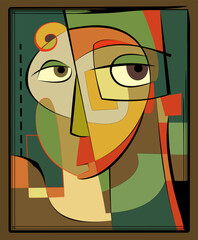 stylized face composed of overlapping shapes in earthy tones and bold outlines. The composition combines angular and curved forms to create
visual impression.