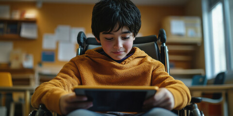 Multiracial Boy in Wheelchair Using AI Learning App With Eye-Tracking Interface in Inclusive School Setting