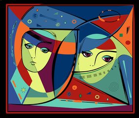 geometric composition, featuring bold colors like orange, blue, green, and purple. The design includes various shapes and patterns, adding a dynamic and modern feel.