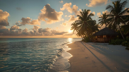 Fototapeta premium Beach islands sunset, tropical bungalow, turquoise water. Perfect for vacation brochures, travel websites, and tropical destination advertisements.