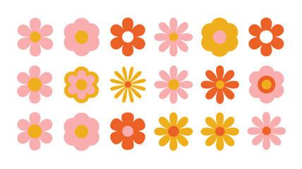 Obraz premium Retro Flower Power Collection of Pink, Orange, and Yellow Groovy Flower Icons on White Background