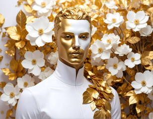 An arty portrait of a gold and white male mannequin, on a floral gold and white background