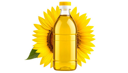 Sunflower oil in a jaar with sunflowers isolated on white background
