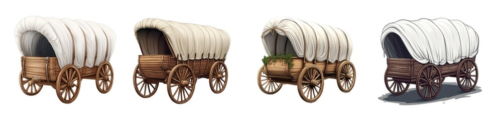 Set of various Cartoon realistic covered cart isolated on transparent background