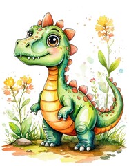 Fototapeta premium cute dinosaur watercolor illustration card.