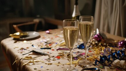 Festive morning after the celebration: two glasses of champagne and a mess of glitter and ribbons on the table. The table after the New Year's party with glasses of champagne, confetti and streamers. - Powered by Adobe