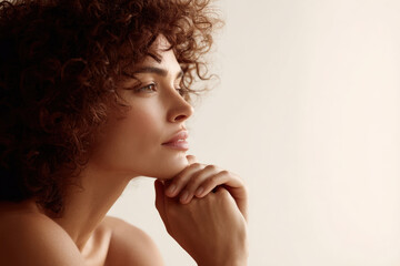 Obraz premium portrait of person with thoughtful expression positioned on left side of frame