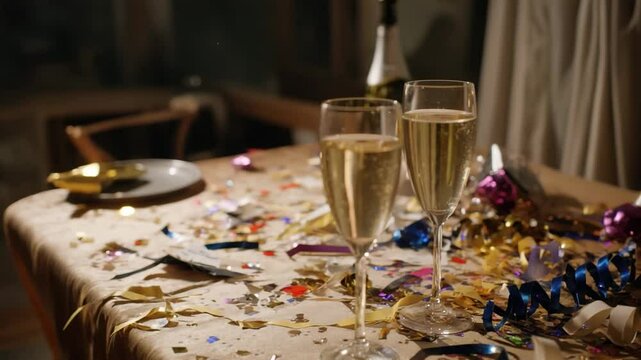 Festive morning after the celebration: two glasses of champagne and a mess of glitter and ribbons on the table. The table after the New Year's party with glasses of champagne, confetti and streamers.