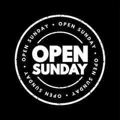 Open Sunday - a business, service, or establishment is available to customers on Sundays, text concept stamp