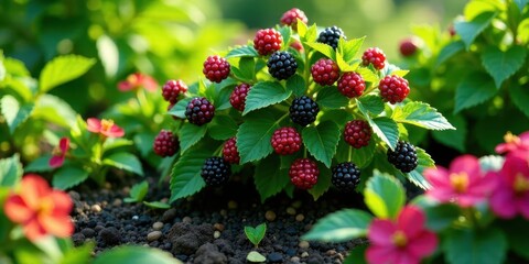 Obraz premium A Lush Garden Displaying a Bountiful Harvest of Ripe Black and Red Berries on Vibrant Green Foliage