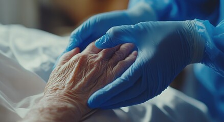 An Emotional Moment of Compassion as a Caregiver Gently Holds the Hand of an Elderly Patient in a Healthcare Setting Filled with Empathy and Support
