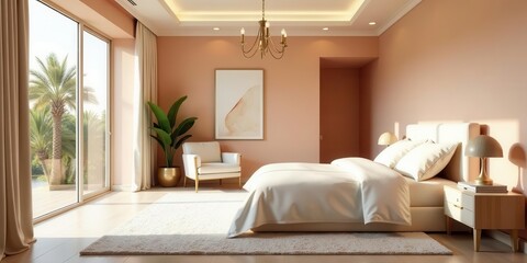 Serene Bedroom Sanctuary  Sunlight Streaming Through Floor-to-Ceiling Windows, Illuminating Minimalist Decor and Luxurious Bedding