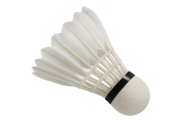 Studio shot of a badminton shuttlecock with white feathers and a rounded cork base, isolated on a transparent background