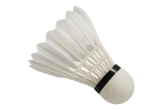 Studio shot of a badminton shuttlecock with white feathers and a rounded cork base, isolated on a transparent background