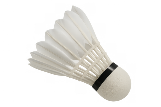Studio shot of a badminton shuttlecock with white feathers and a rounded cork base, isolated on a transparent background