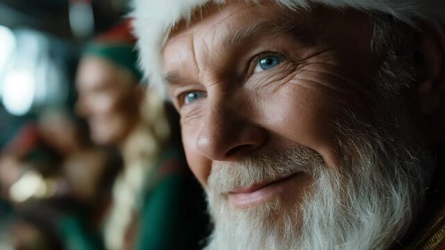 Close up of smiling Santa Claus in his workshop, Christmas atmosphere with blurred figures of merry elves in the background.