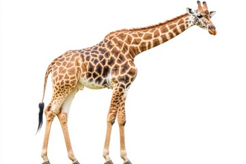 Obraz premium A Stunning Giraffe Stands Tall in Profile, Showcasing Its Unique Coat Patterns and Graceful Posture Against a Clean Background