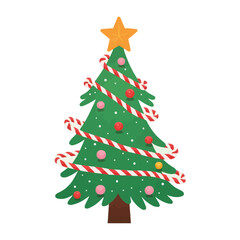 Decorative Christmas Tree Vector Featuring Red and Pink Baubles and Yellow Star Topper