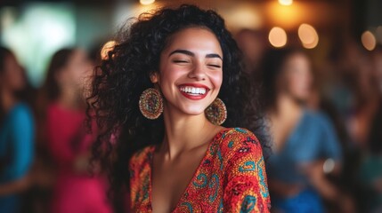 Young woman with friends learning salsa in lively dance workshop, enjoying rhythm, laughter, shared joyful experience together