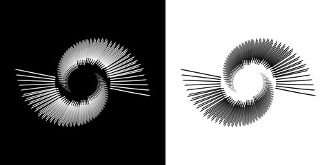 Dynamic abstract spiral sound wave rhythm lines. Circular spiral sound wave rhythm of lines. Circular futuristic abstract lines, black and white background.	