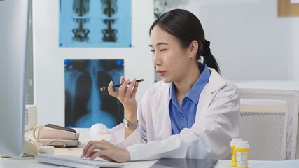Portrait of an Asian female doctor using a smartphone in a hospital corridor, interacting with a virtual assistant or AI chatbot. She reviews health data via smart mirror technology, embracing future - Powered by Adobe