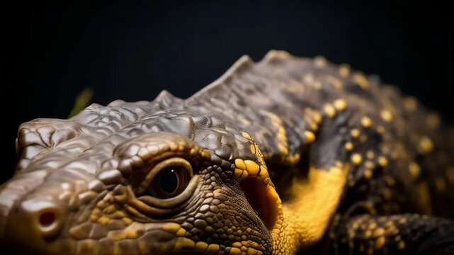 A lizard close-up revealing detailed scales, a brown and yellow complexion, and a reptile portrait on a dark background.