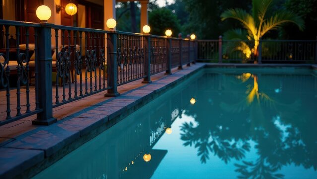 Serene Evening Poolside Ambiance with Ornate Iron Fencing and Warm Lighting Reflecting in the Water