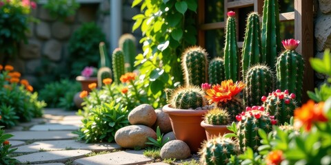Vibrant succulents and flowering plants thrive in a sun-drenched garden pathway setting.