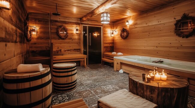 A cozy and welcoming spa area with a wood-paneled steam bath with hot water barrels - a Japanese or Finnish furako sauna with a relaxing atmosphere, a hot tub and cozy decor for maximum relaxation