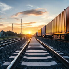 Fototapeta premium Cargo containers at sunset by tracks