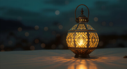 Traditional lantern glowing on table at night