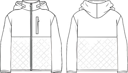  Stylish quilted panel hooded jacket technical flat sketch, perfect blank vector template for modern outdoor, casual, and athletic apparel designs. © Hasan Creatives