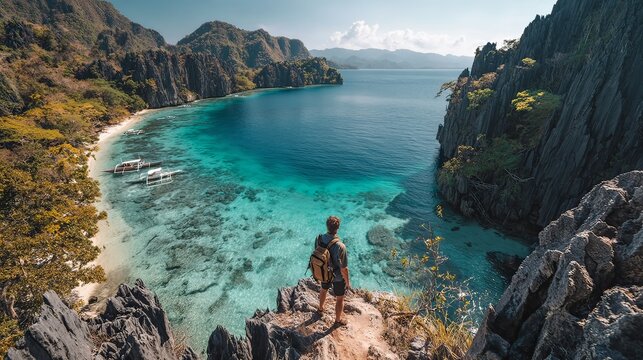 man standing on cliff overlooking turquoise bay and limestone mountains, adventure 
