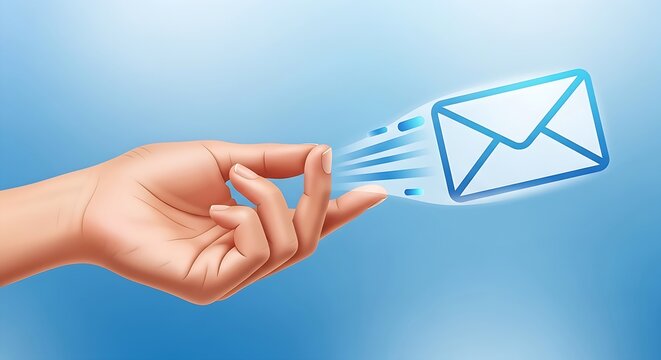 Hand holding a fast blue email envelope icon symbolizing speedy communication and efficient message delivery on a gradient backdrop.